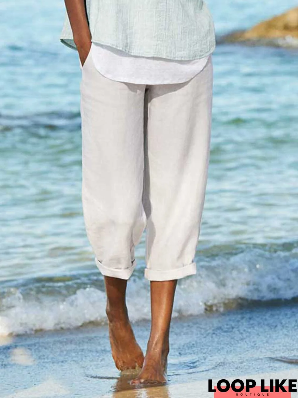 Loose Linen White Cotton Solid Casual Pants