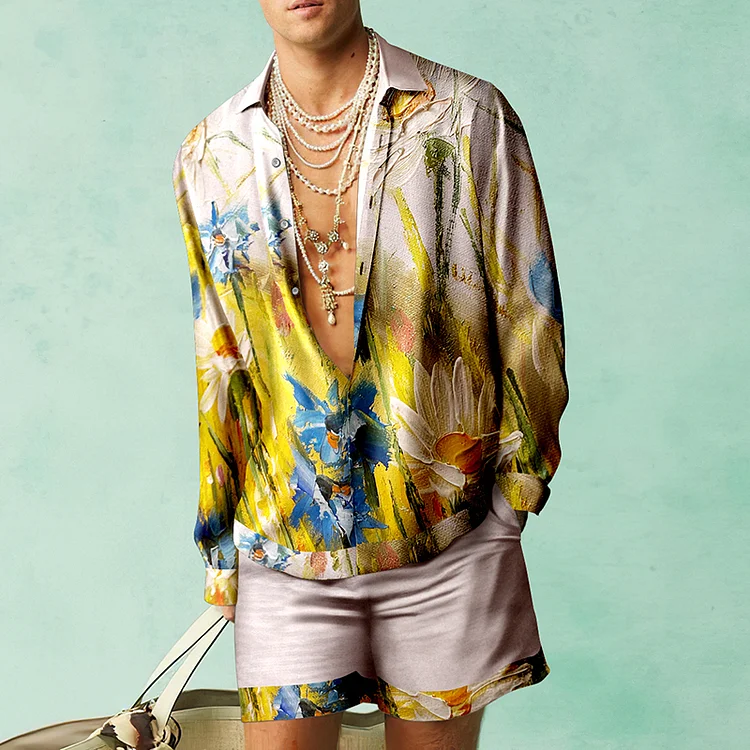 BrosWear Art Flowers Oil Painting Holiday Print  Shirt And Shorts Co-Ord