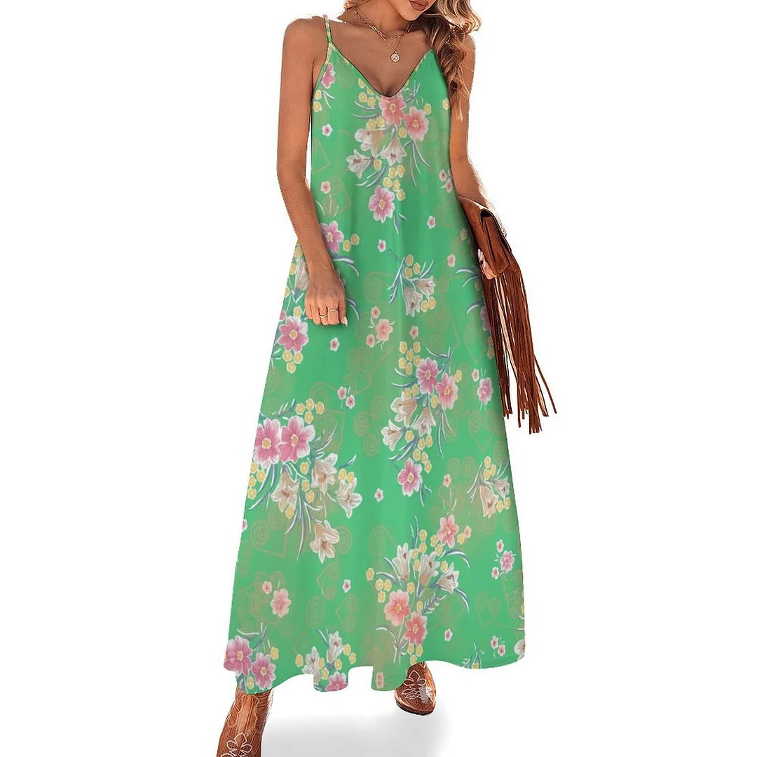 Style & Comfort for Mature Women Plus Size Printed Sling Casual Women Maxi Dress in Pattern Green, Red, Floral