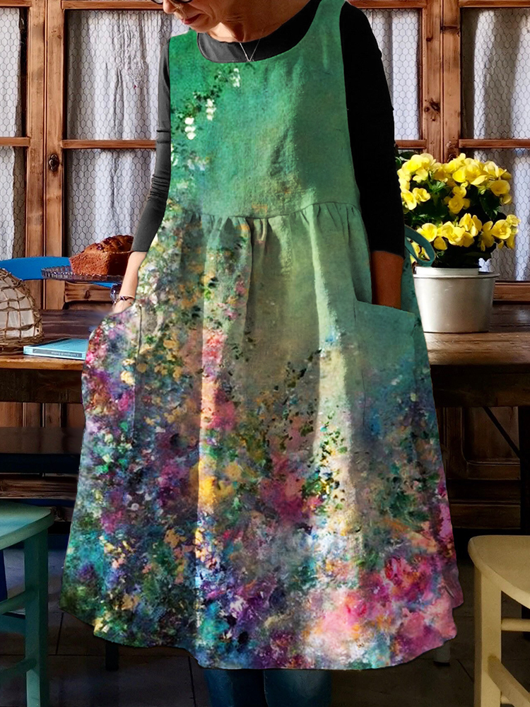 Abstract Floral Oil Painting Pinafore Midi Dress  artssus