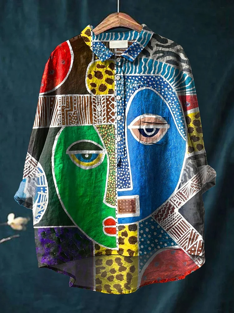 Abstrct Art Printed Women's Casual Cotton And Linen Shirt
