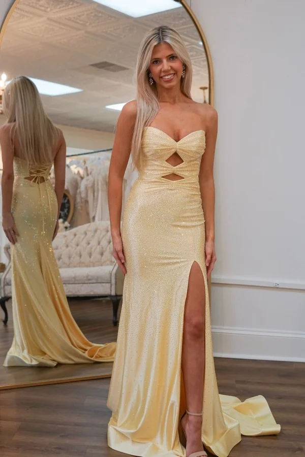Lisliy Lovely Light Yellow Diamonds Strapless Split Prom Dress 