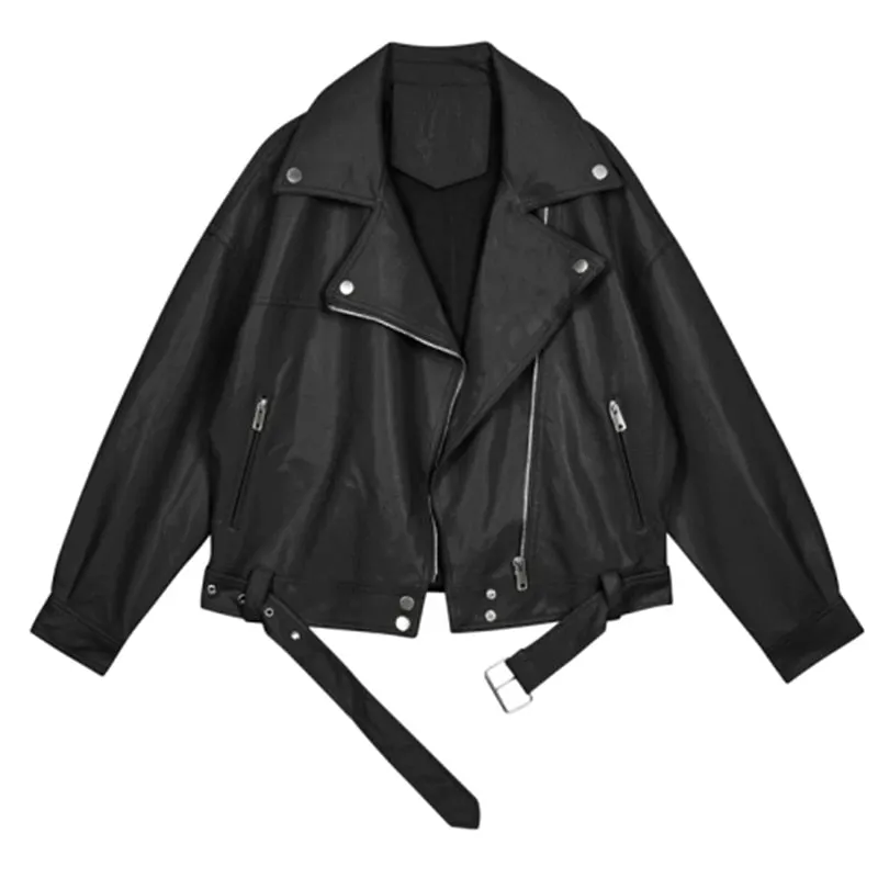 Ailegogo New Autumn Women Pu Leather Motorcycle Jacket Female With Belt Solid Color Lady Loose Casual BF Style Coat Outwear