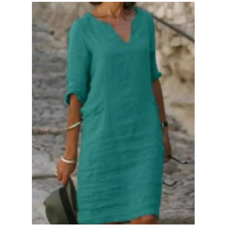 Uveng Cotton Linen Small V-neck Stitching Retro Basic Model Solid Color Three-quarter Sleeve Dress