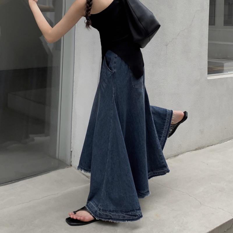 Retro Blue High Waist Denim Half Length Fishtail Skirt Distressed A-line Swing Skirt Woman LANFUBEISI