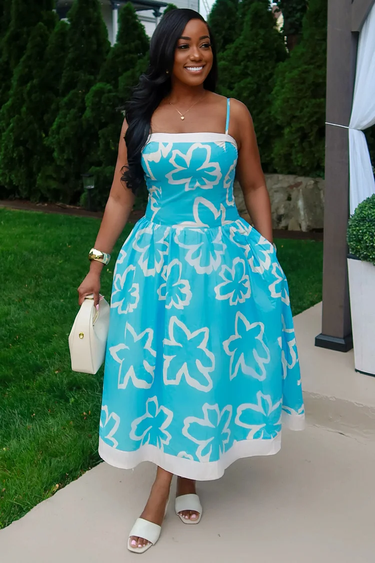 Floral Print Colorblock Trim Cinched Vacay Cami Maxi Dresses-Blue [Pre Order]