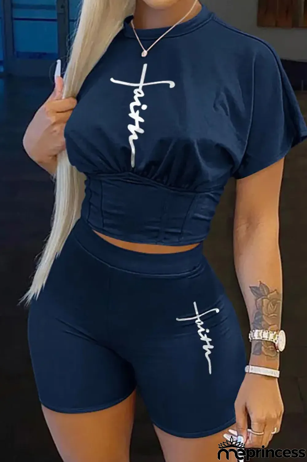 Deep Blue Casual Print Patchwork O Neck Short Sleeve Two Pieces