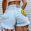 Women's Super High Waist Denim Ripped Shorts Smiley Face Print Sexy Hot Pants Shorts by Inlyline