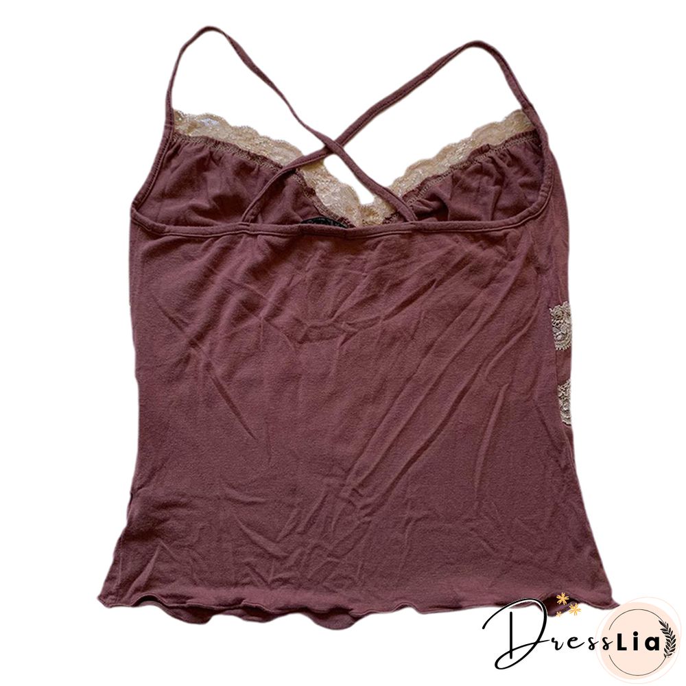 Y2k Aesthetic Sweet Kawaii Tops Vintage Fairycore Lace Patchwork Casual Camisole Frill Casual Women Shirts Tee