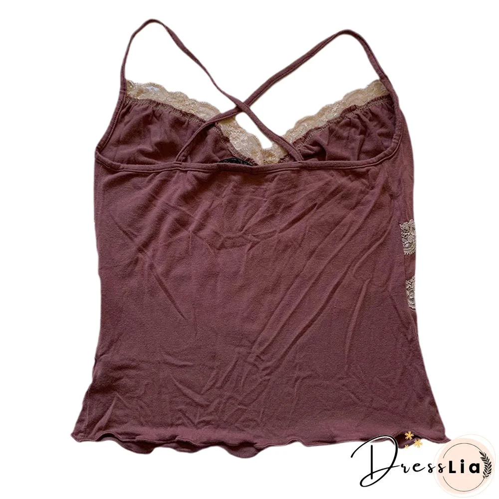 Y2k Aesthetic Sweet Kawaii Tops Vintage Fairycore Lace Patchwork Casual Camisole Frill Casual Women Shirts Tee