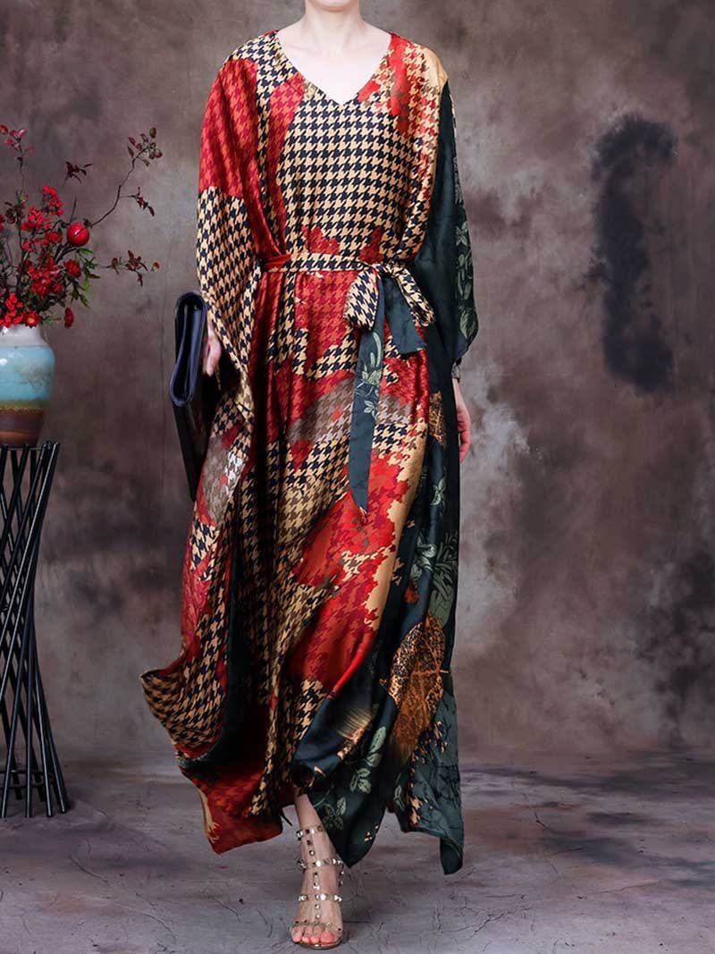 Ethnic Print Retro Style Silk + Polyester Multicolor Maxi Dress