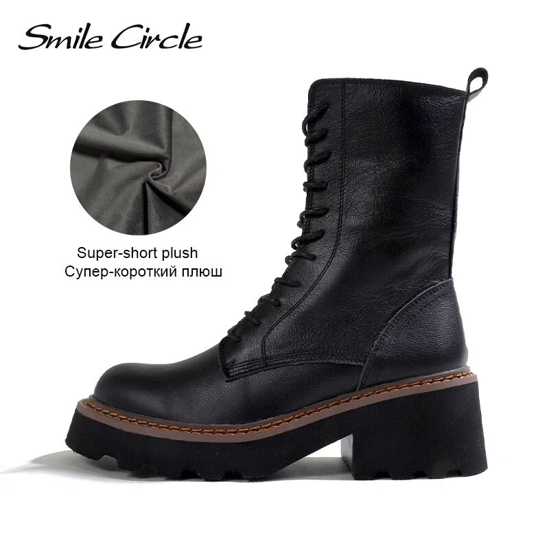 Smile Circle Chunky Ankle Boots Women Genuine Leather Black Motorcycle Boots Platform Warm Plush High heels Ladies Booties