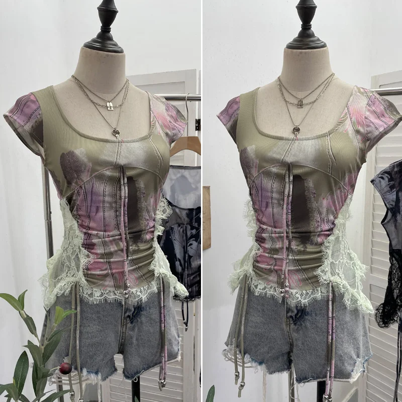 Nigikala Nigikala Industrial Lace Splicing Elastic Print With Bow Short-Sleeved T-Shirt 6185