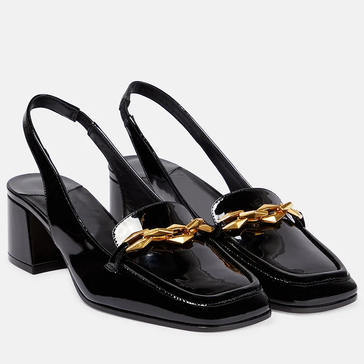 Black Patent Leather Square Toe Chain Slingback Loafer Heels |FSJ Shoes