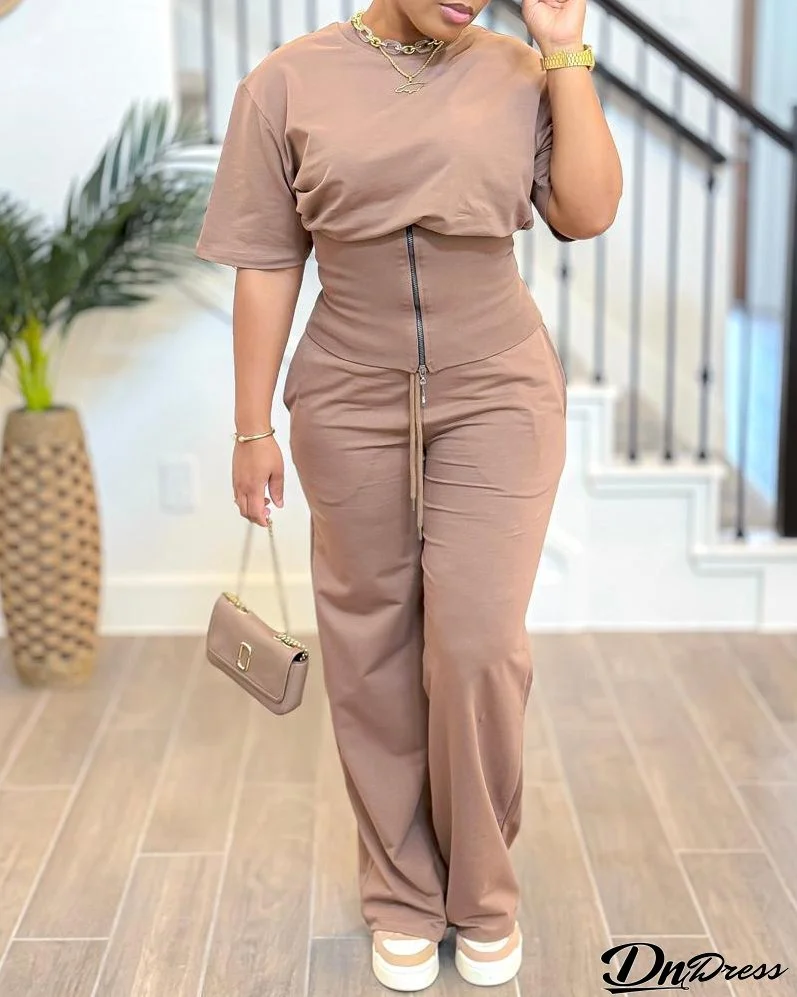 2PCS Zipper Design T Shirt & Drawstring Waist Pants Set