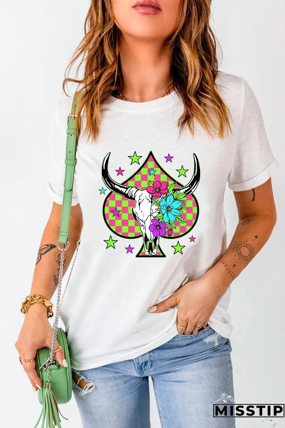 White Checkered Steer Head Spade Print Crew Neck T Shirt