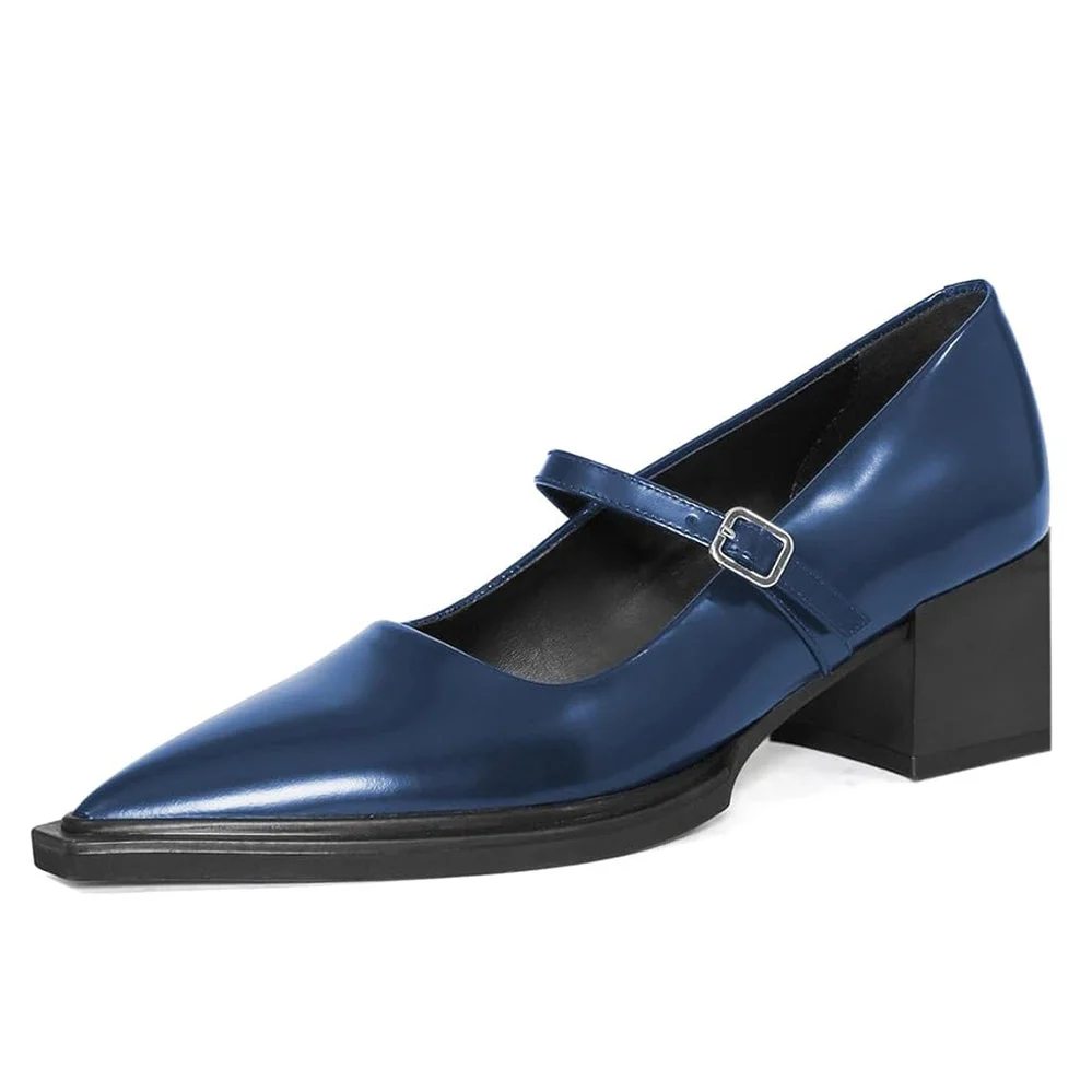 Classic Navy Pointed Toe Chunky Heel Buckle Strap Mary Jane Shoes