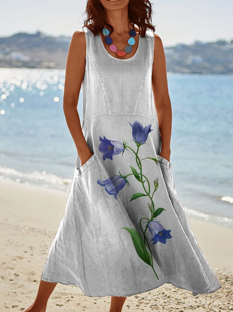 Womens Blue Flower Print Pocket Pinafore Linen Dress