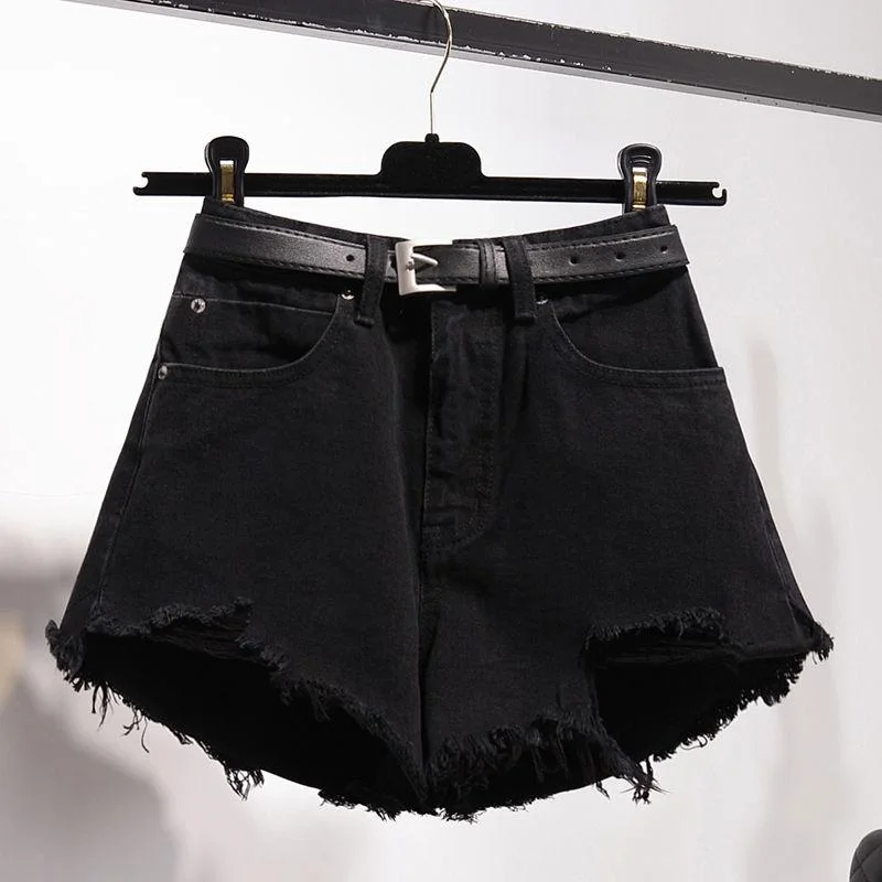 FTLZZ New Summer Women High Waist Hole Blue Denim Shorts Casual Female Solid Color Frayed Black Jeans Shorts With Belt