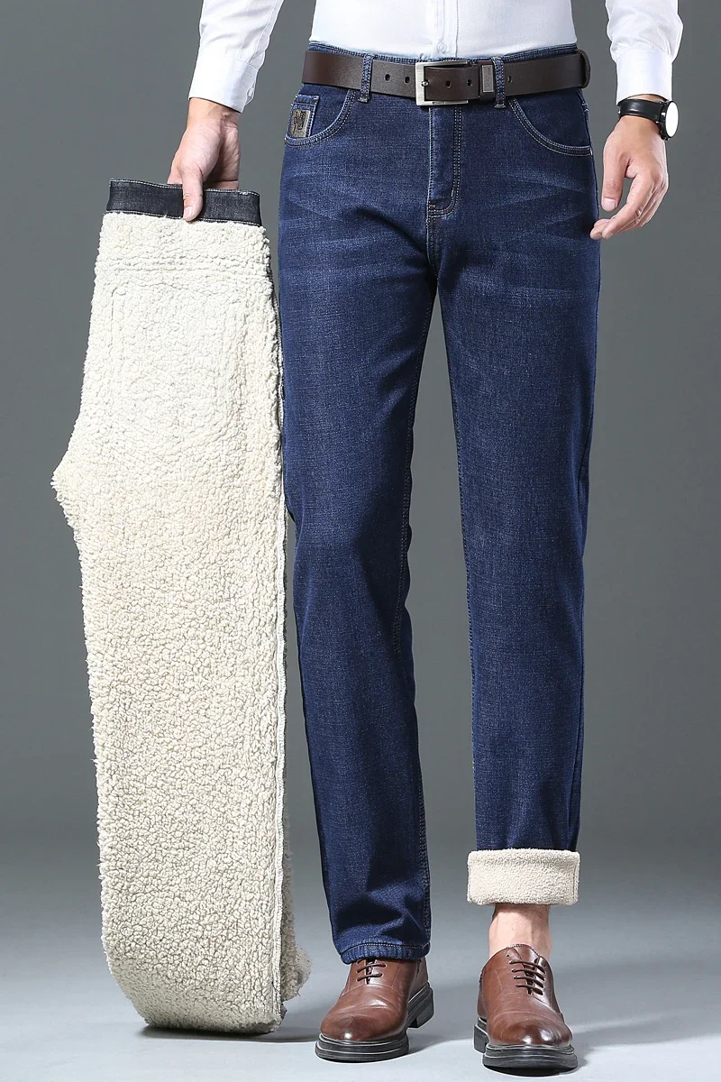 Inquiraton Winter Wool Velvet Men's Jeans Fleece Thickened Straight Mid-waist Business Casual Comfortable Thermal Straight Denim Trousers
