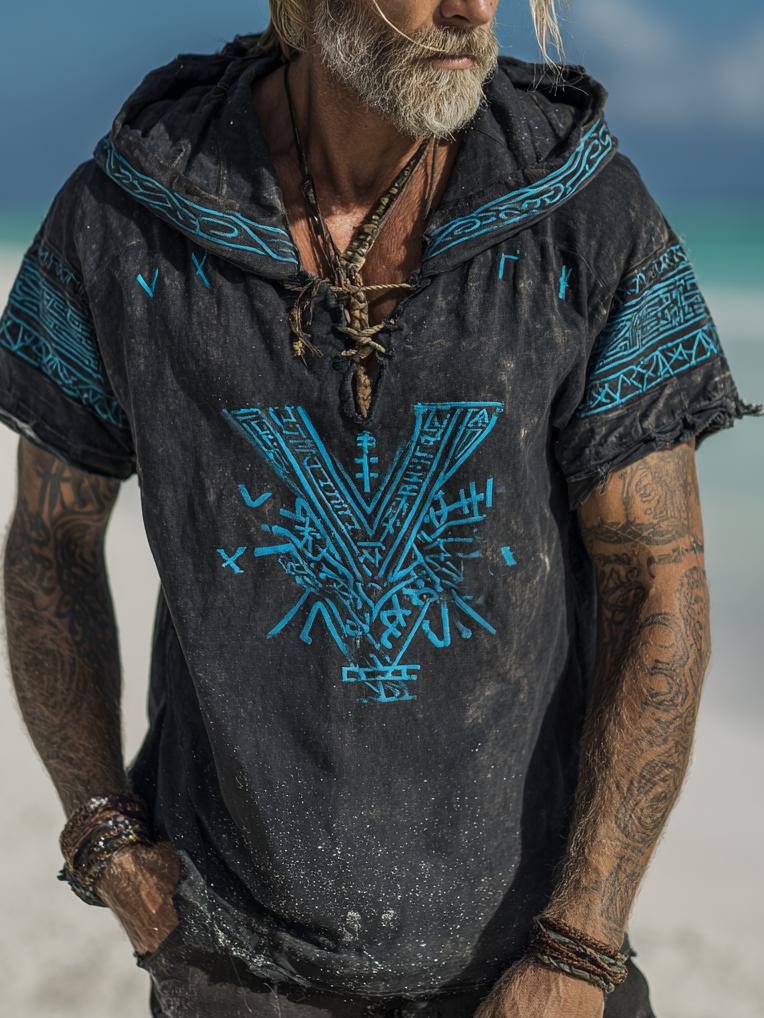 Men's Print Viking Inspired Celtic Knot Pattern Short Sleeve Hoodie / Rvogue / Rvogue