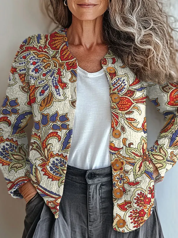 Vintage Flower Art Print Buttoned Cardigan Sweater