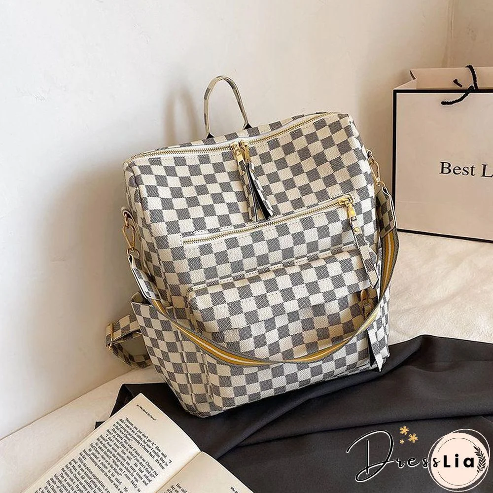 Retro Faux Leather Check Pattern Print Rucksack Vegan Backpack Tote