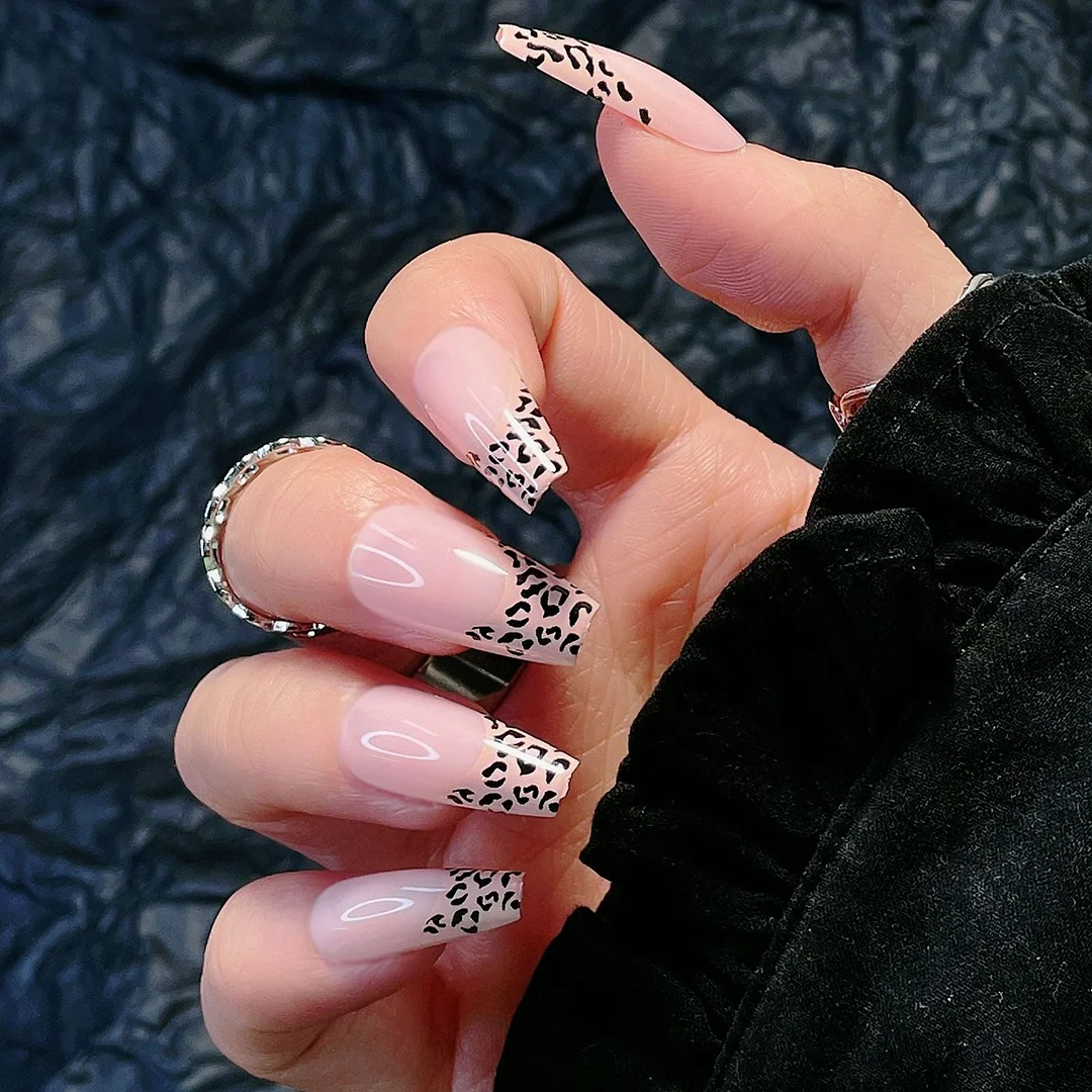 24pcs/Box Fake Nails French Style Brindle Full Cover Ballerina Fake Nails DIY Glue Press On Nails Nail Supplies For Professional-Nail Inspo