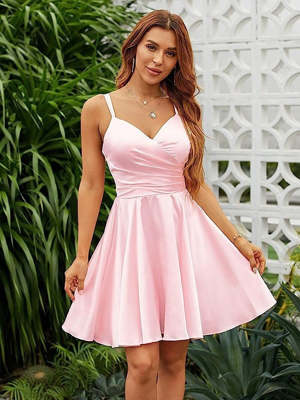 Lvs&Broner Pink Satin V Neck Spaghetti Strap Sleeveless Pleated Short Homecoming Dress