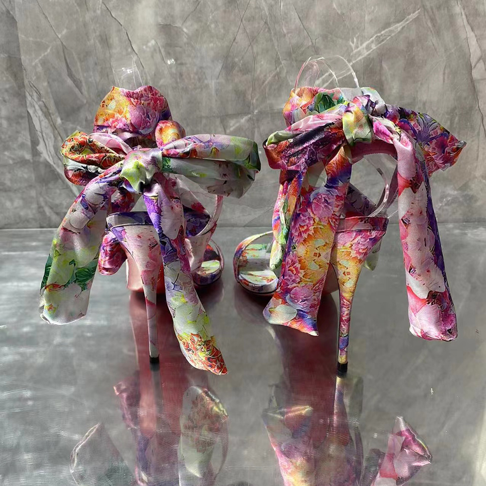 100mm Women's High Heels Fashion Floral Bow Ribbon Silk Red Bottom Sandals-vocosishoes