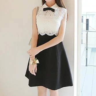 XS-L Black and White Elegant Sleeveless Lace Dress with Bowknot SP166088