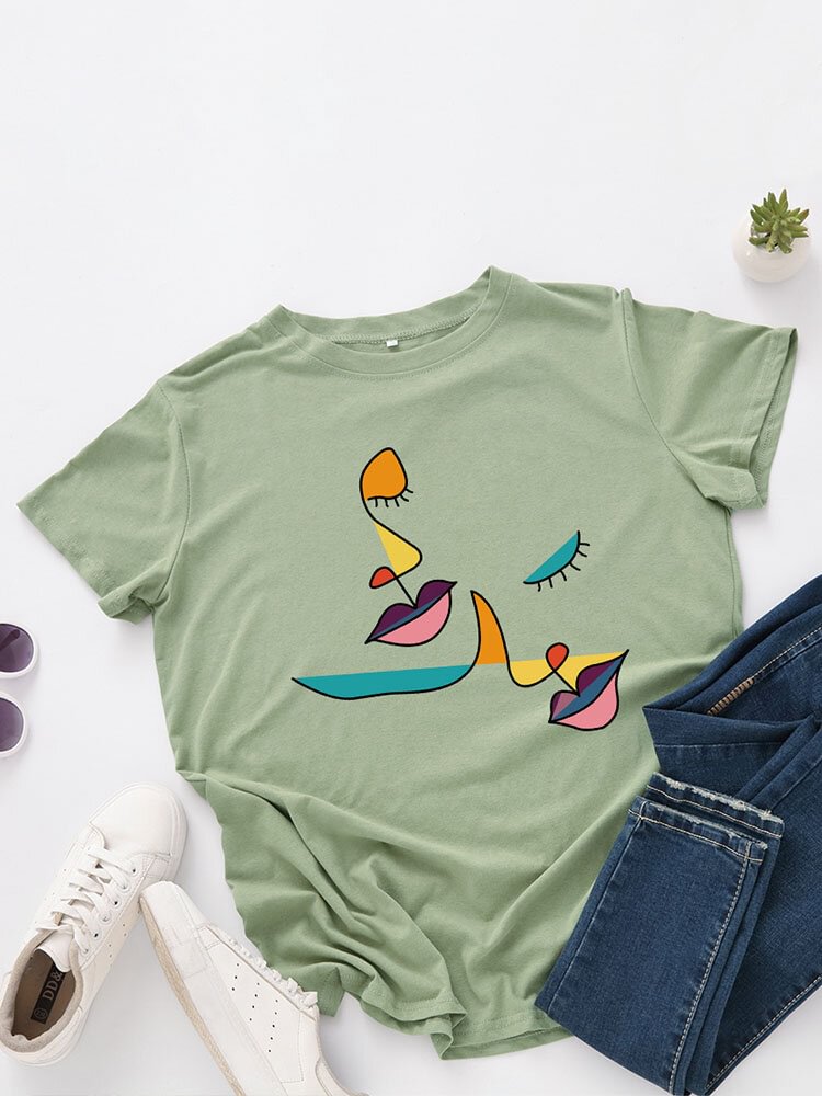 Abstract Pattern Cotton O neck Short Sleeve Casual T Shirt For Women P1835537