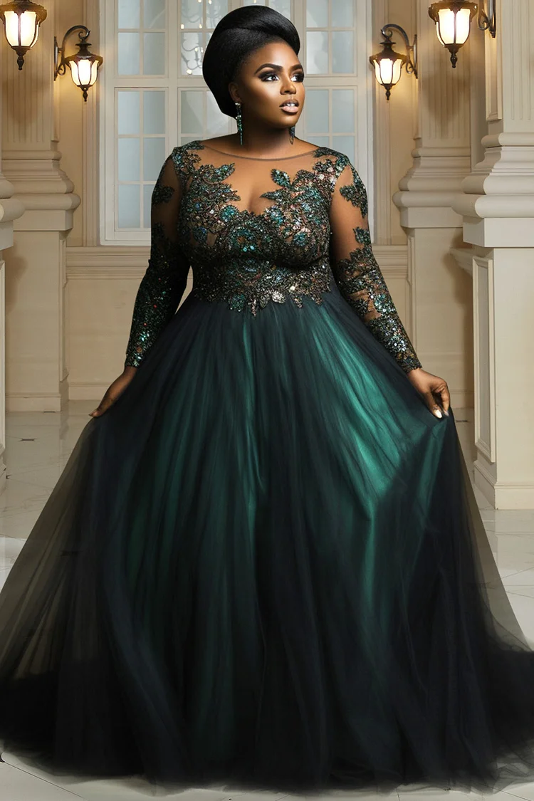 Xpluswear Design Plus Size Evening Gowns Green Long Sleeve Tulle Maxi Dresses [Pre-Order]