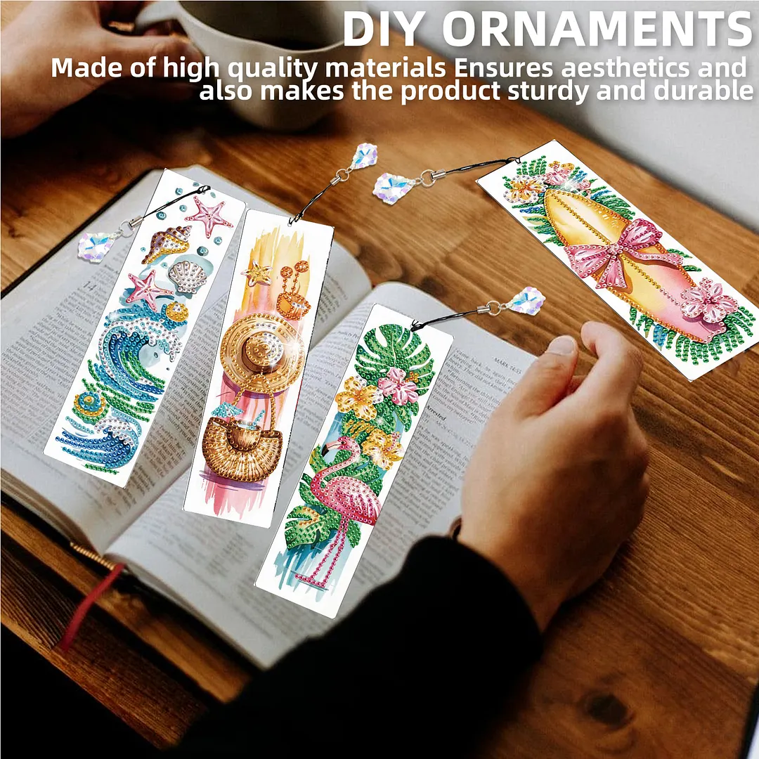 4Pcs Tropical Beach Style DIY Diamond Painting Bookmark with Crystal Pendants Diamond Painting Art Bookmarks Special Shape for DIY Making Beginners Adult Arts Craft Supplies