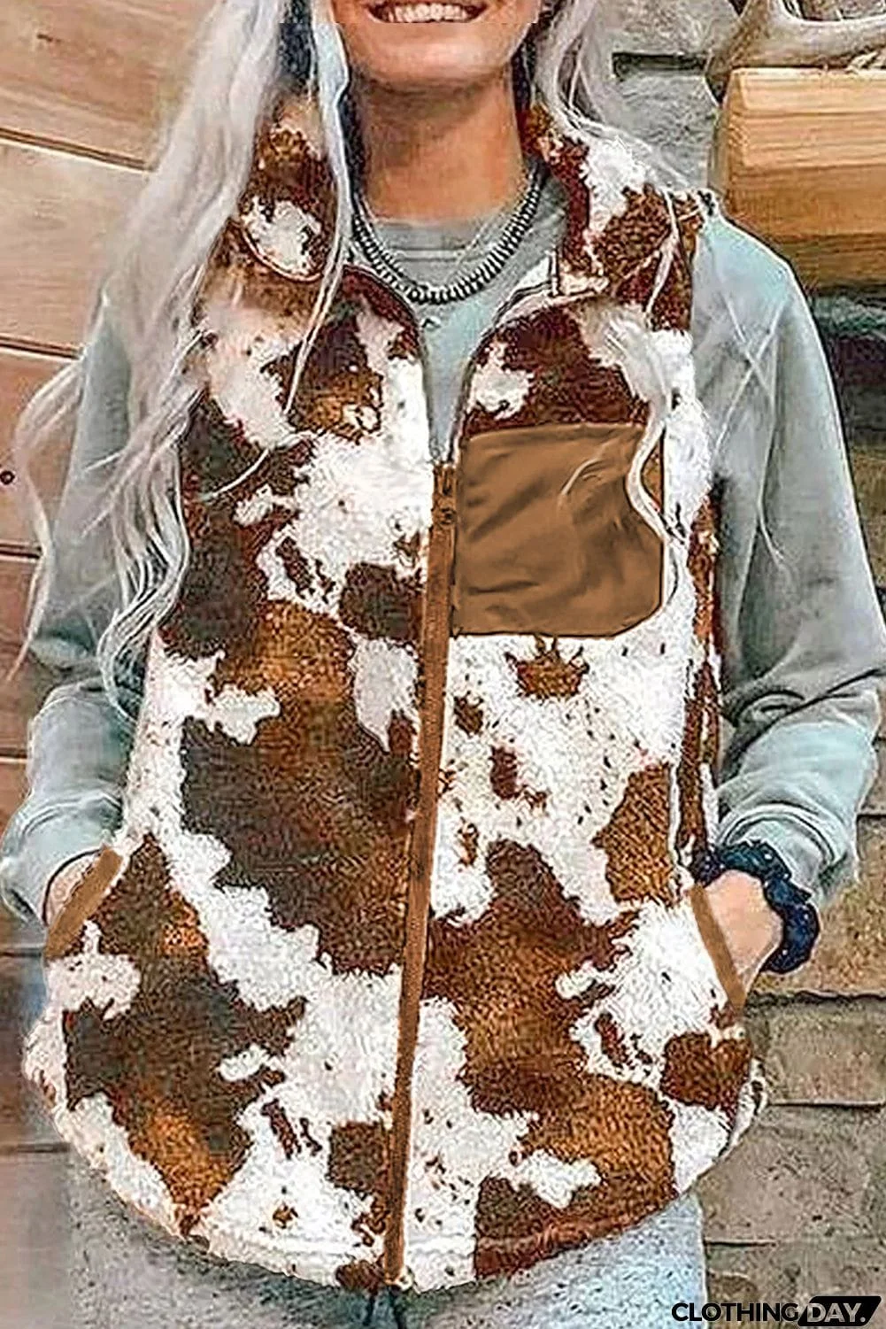 Cow Pocket Zipper Plush Warm Sleeveless Vest Coat