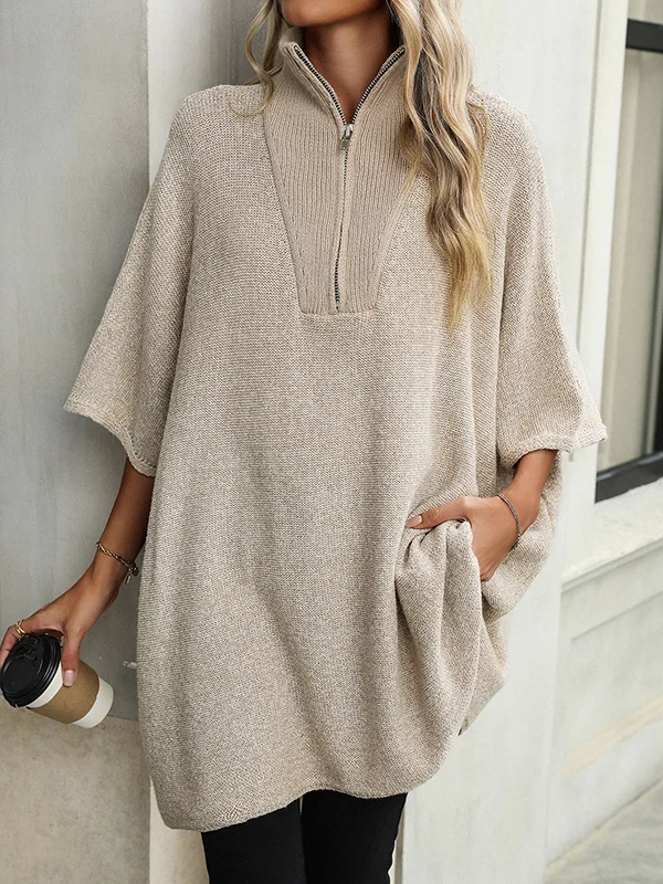 Women Spring Top Zipper V Neck Long Sleeve High Split Hem Lace Blouse