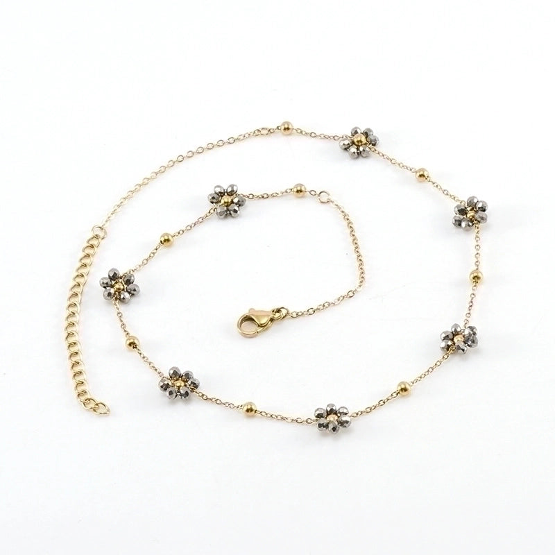 Fashion Flower Artificial Crystal Titanium Steel Beaded Plating 18k Gold Plated Bracelets Necklace