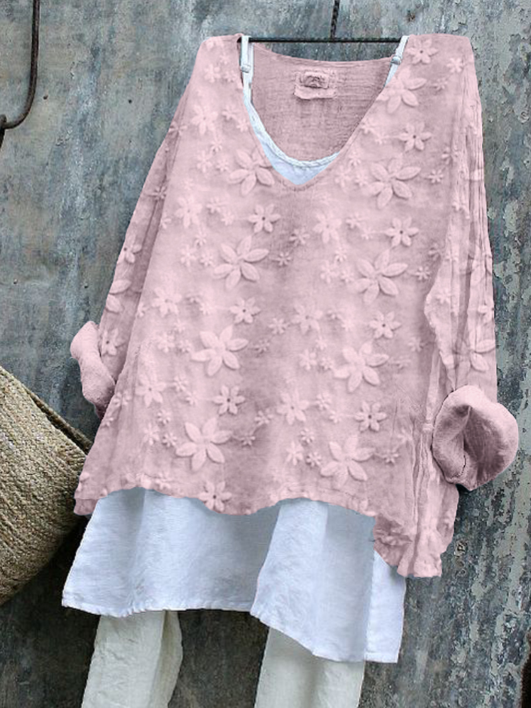 Comstylish Floral Lace Embroidered Linen Blend Tunic