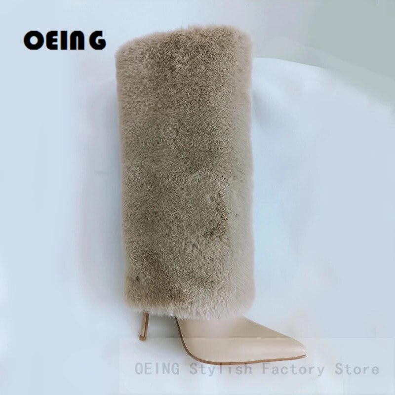 VCSHOES Women Fluffy Knee-high Boots Pointed Toe Stiletto High Heels Keep Warm Fur Boots  Botas De Mujer Big 43