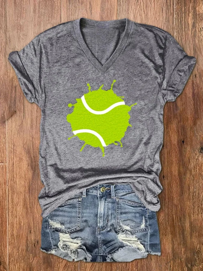 Women's Tennis + Me = Happy Print V-Neck T-Shirt