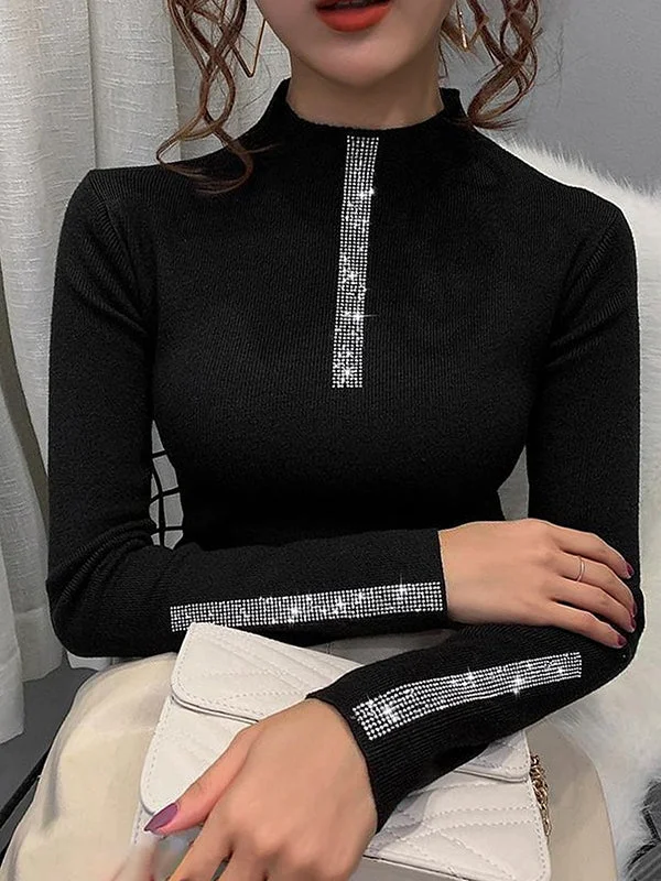 Long Sleeves Skinny Rhine Stones High Neck Pullovers Sweater Sweater Tops
