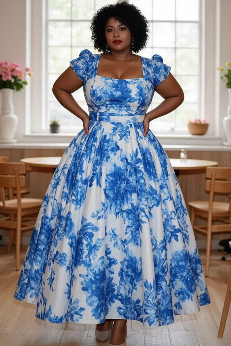 Xpluswear Design Plus Size Wedding Guest Blue Graphic Square Neck Short Sleeve Pocket Satin Maxi Dresses [Pre-Order] 2024 - Xpluswear