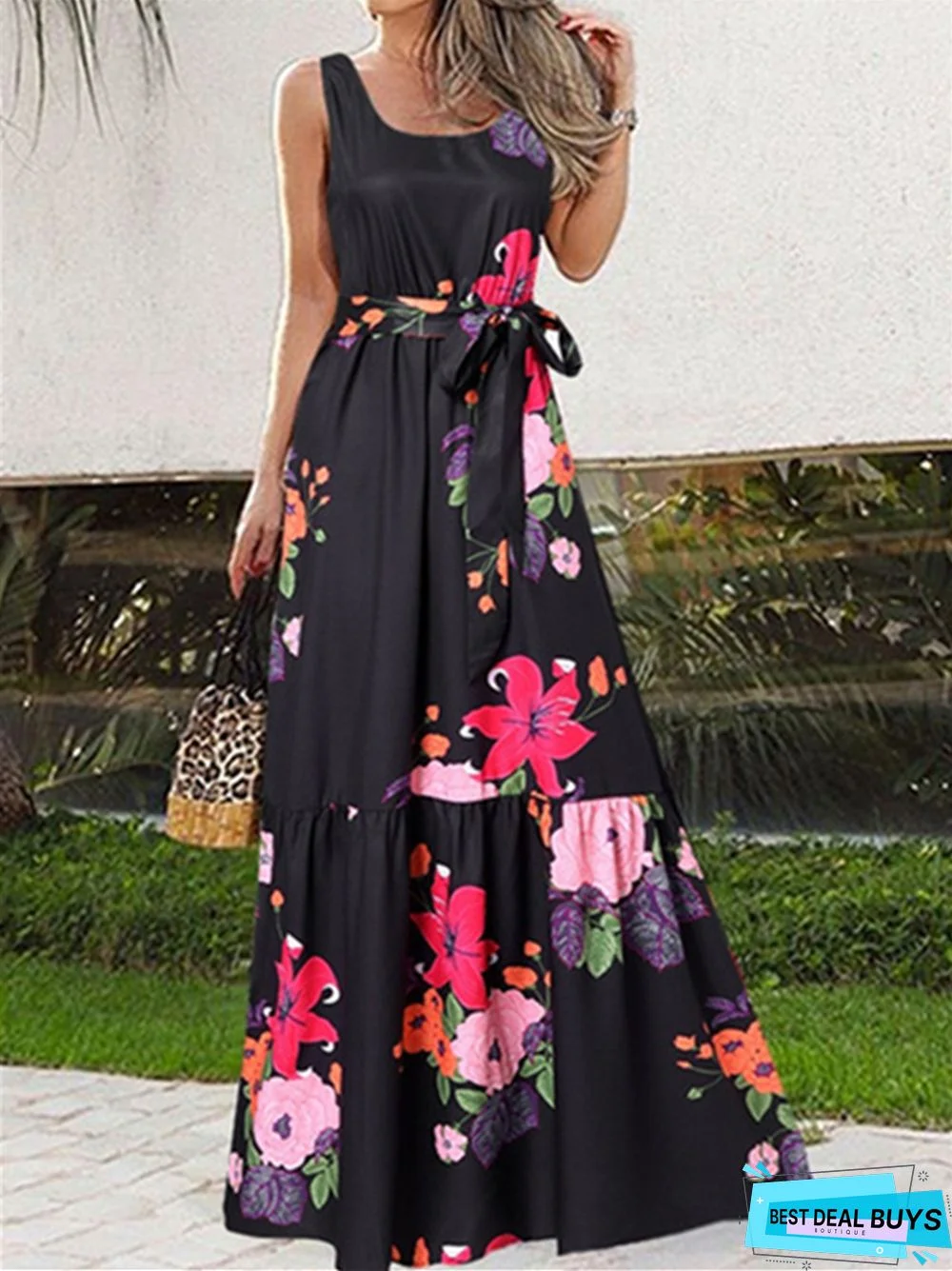New Summer Printed Casual Dress Belt Dress White Dresses