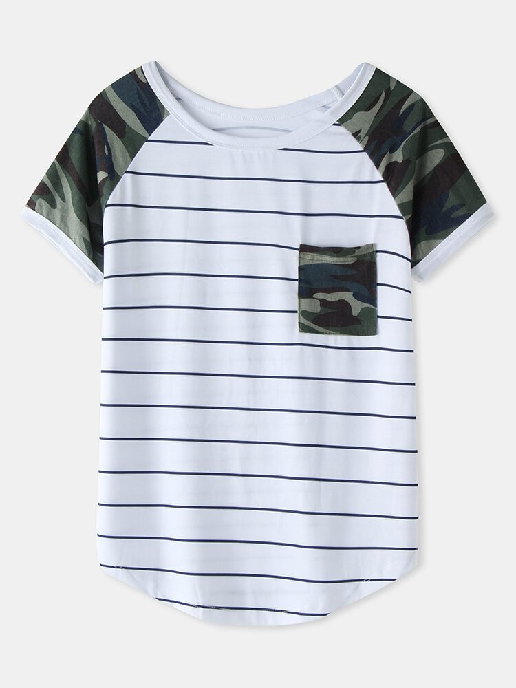 Women Camo Leopard Stripe Print O neck Short Sleeve Pocket T Shirt P1843133