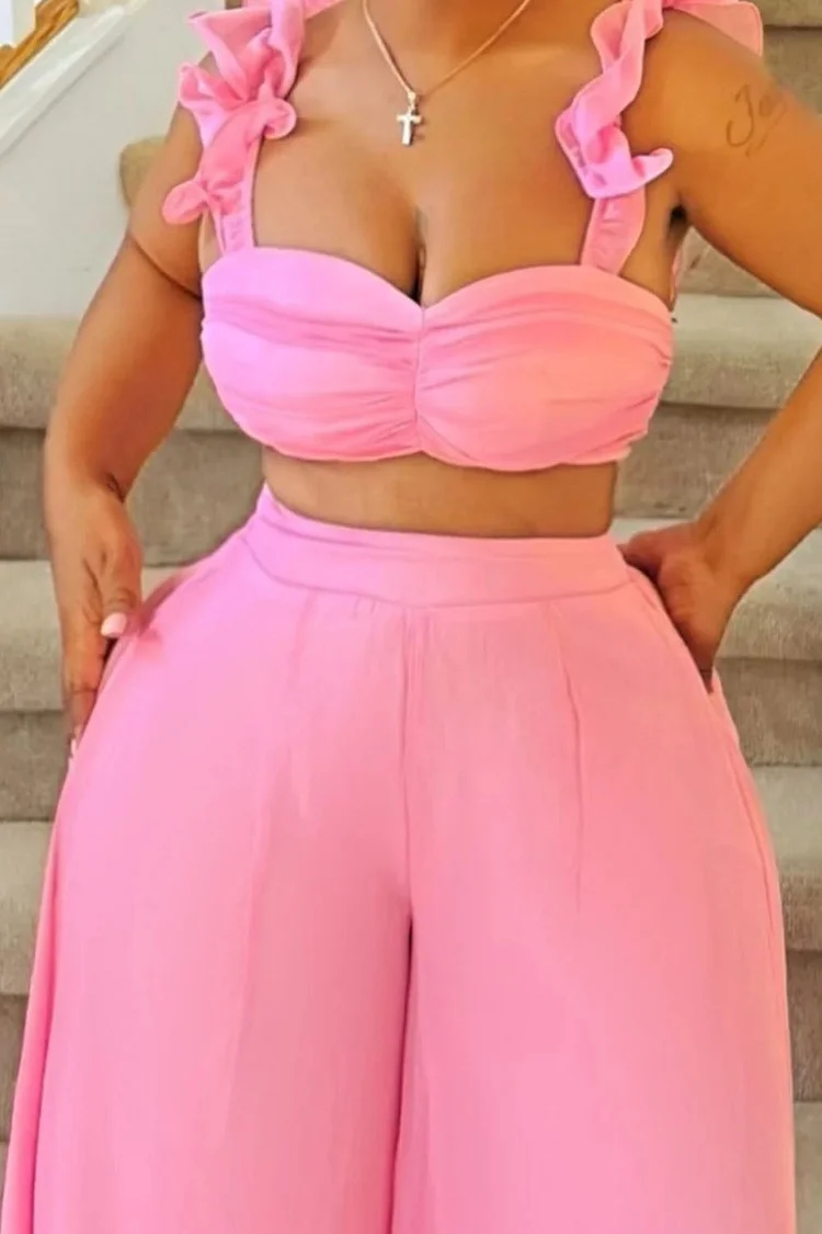 Ruffle Sleeveless Crop Top Wide Leg Pants Vacation 2pcs Set-Pink [Pre Order]