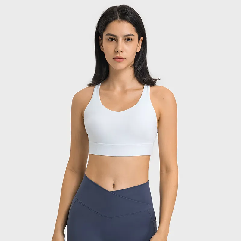 Hergymclothing White disperse stress multi criss cross straps push-up high impact activewear workout bra with removable pads online shopping