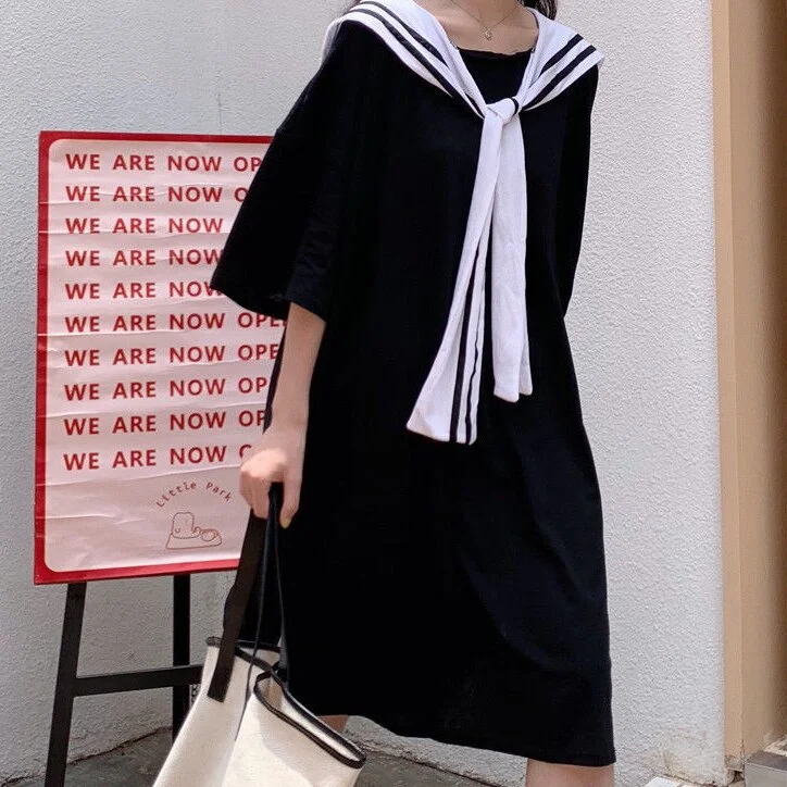 Dresses Women Large Size L-4XL Summer Baggy Simple All-match Cozy Sailor Collar Patchwork Students Preppy Style Ulzzang Holiday