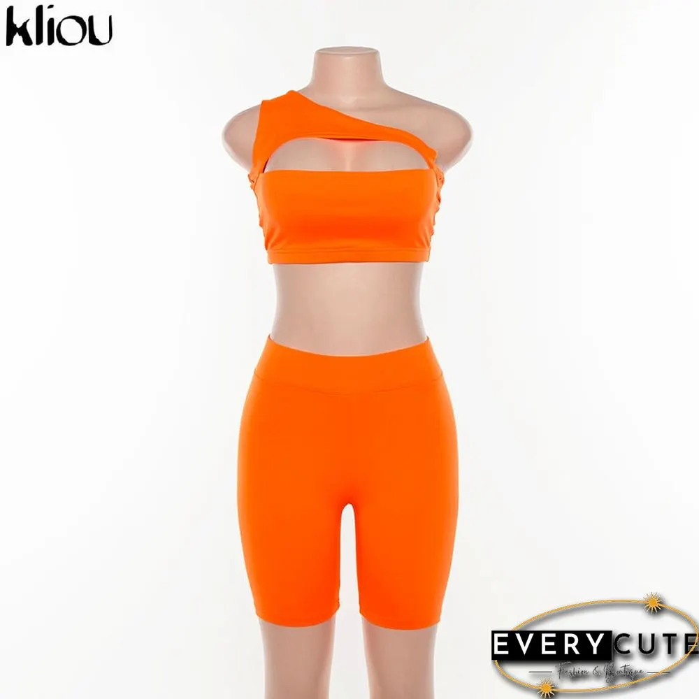 Kliou Classic Women Neon Color Two Pieces Set Off Shoulder Hollow Out Crop Top Elastic