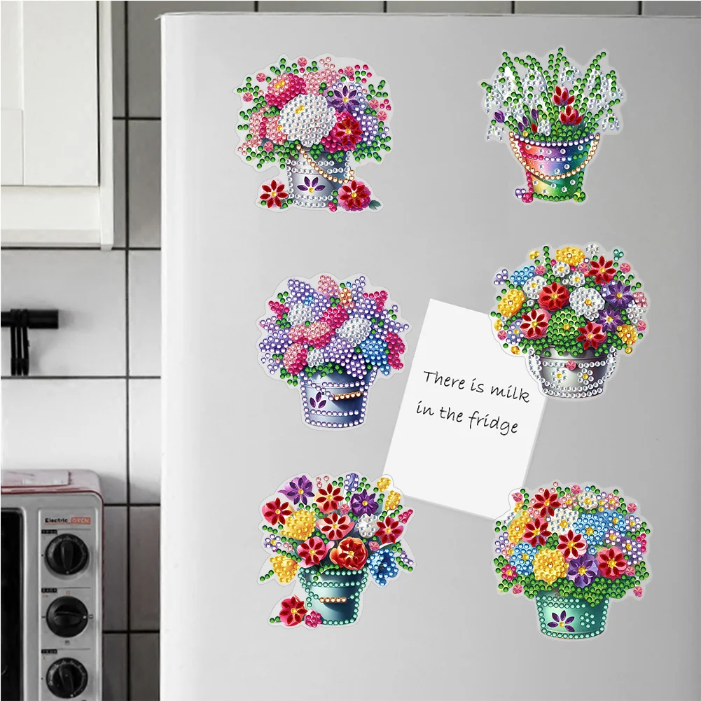  6 Pcs Flower Barrel Diamond Painting Cartoon Fridge Magnetic Stickers