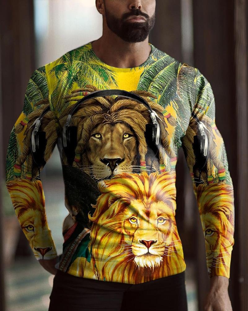 Men's Casual Lion Print Long Sleeves